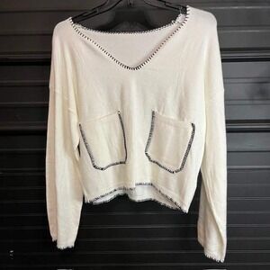 Womens V Neck Sweater Cream Knit Long Sleeve‎ Two Pocket Pullover Top